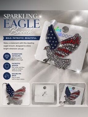 Patriotic Eagle Rhinestone Brooch Pin Red White Blue Sparkly Statement